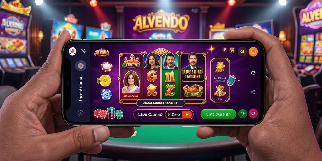 Screenshot gameplay ALVENDO menampilkan dealer langsung dan suasana kasino yang nyata.