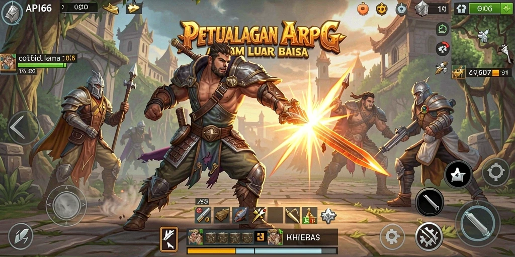 Tampilan gameplay ARPG yang menakjubkan di API66 dengan karakter yang sedang bertarung.