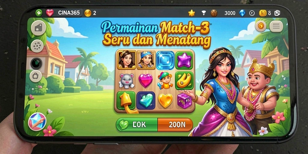 Screenshot utama CINA365 menampilkan gameplay Match-3 yang penuh warna.
