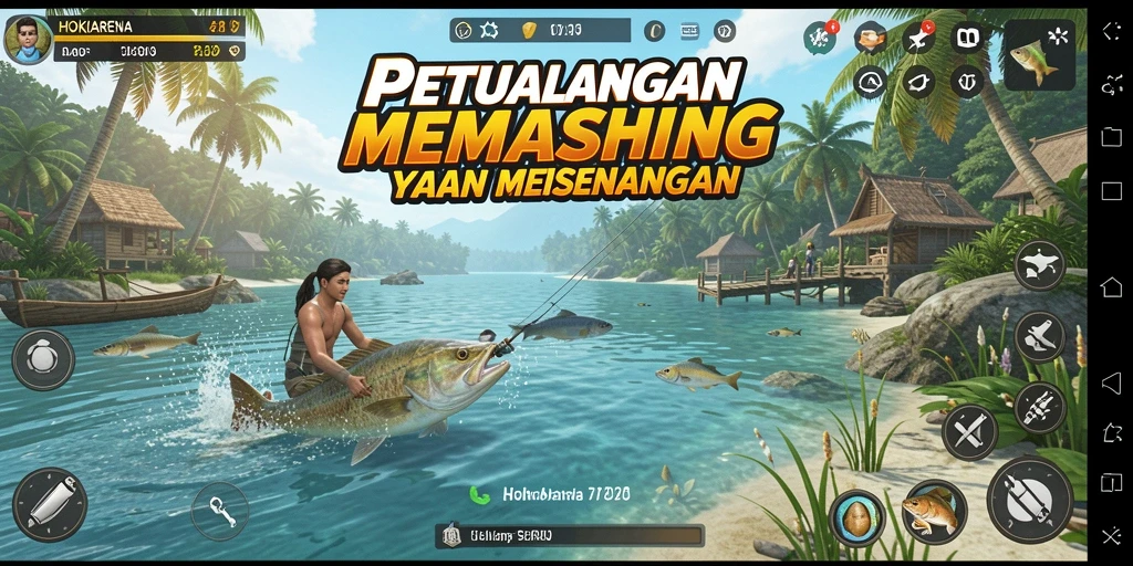 Tampilan gameplay HOKIARENA dengan berbagai jenis ikan dan lokasi memancing.
