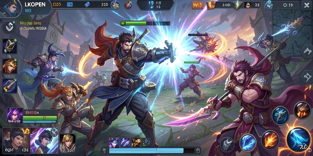 Screenshot gameplay seru LKOPEN dengan aksi karakter MOBA.