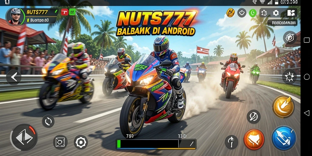 Tampilan gameplay seru dari NUTS777 dengan balapan motor yang spektakuler.