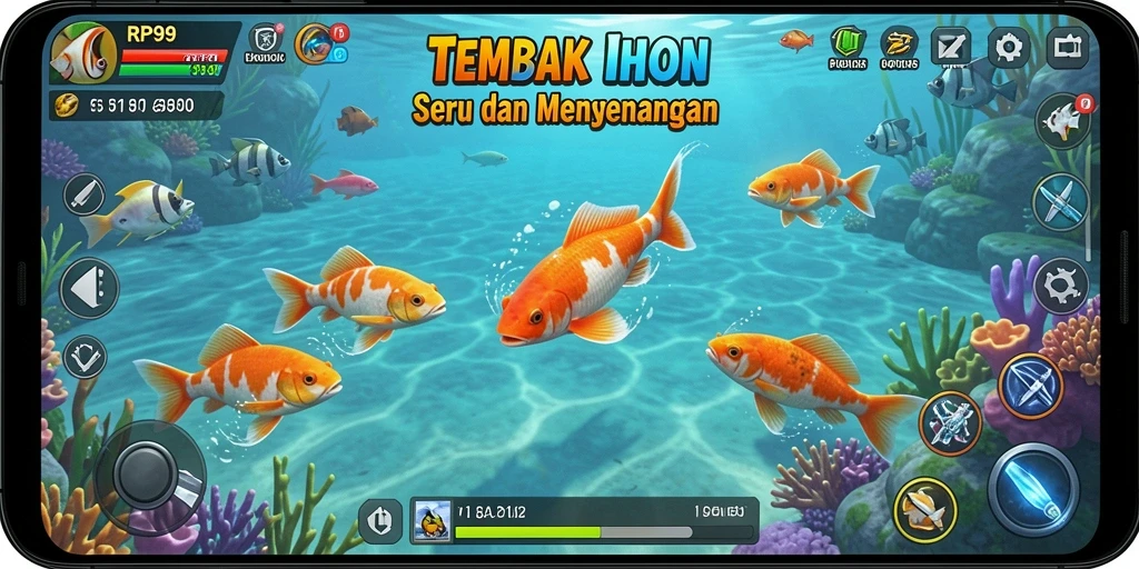 Screenshot gameplay RP99 menampilkan aksi seru Tembak Ikan.