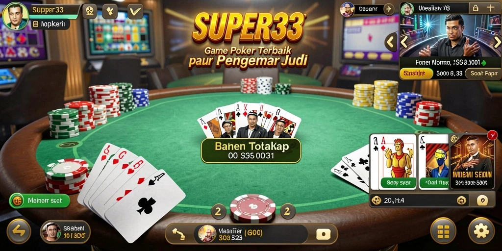 Screenshot gameplay SUPER33 menunjukkan momen seru dalam permainan Poker.