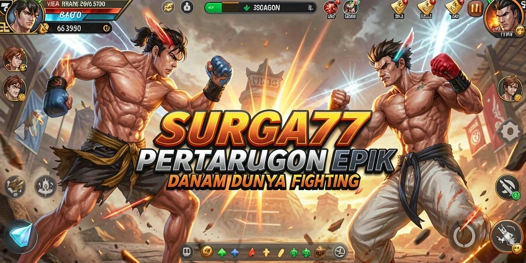 Tampilan gameplay SURGA77 dengan pertarungan intens dan karakter unik.