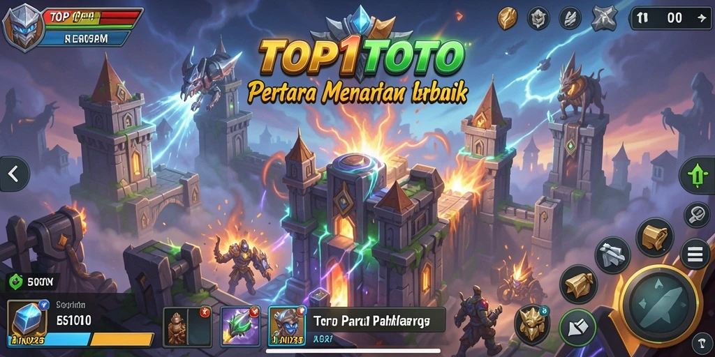 Screenshot gameplay intens dari TOP1TOTO, menampilkan pertahanan menara yang strategis.