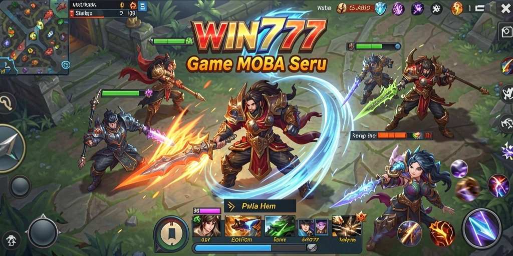 Tangkapan layar gameplay <strong>WIN777</strong> dengan aksi seru dalam pertempuran MOBA.
