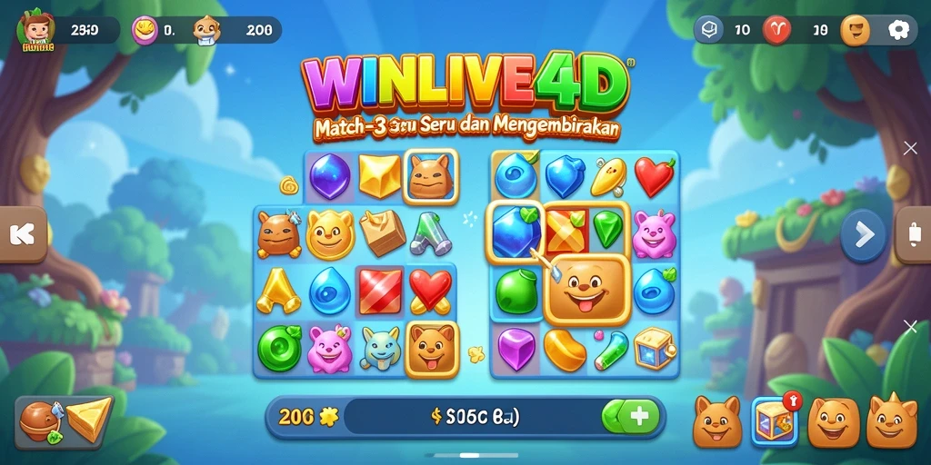 Screenshot permainan WINLIVE4D menampilkan aksi Match-3 yang seru dan penuh warna.